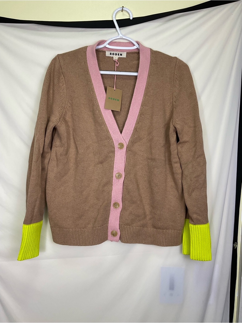 Boden Lucy Relaxed Cotton Cardigan - Brown with Pink Trim and Neon Cuffs